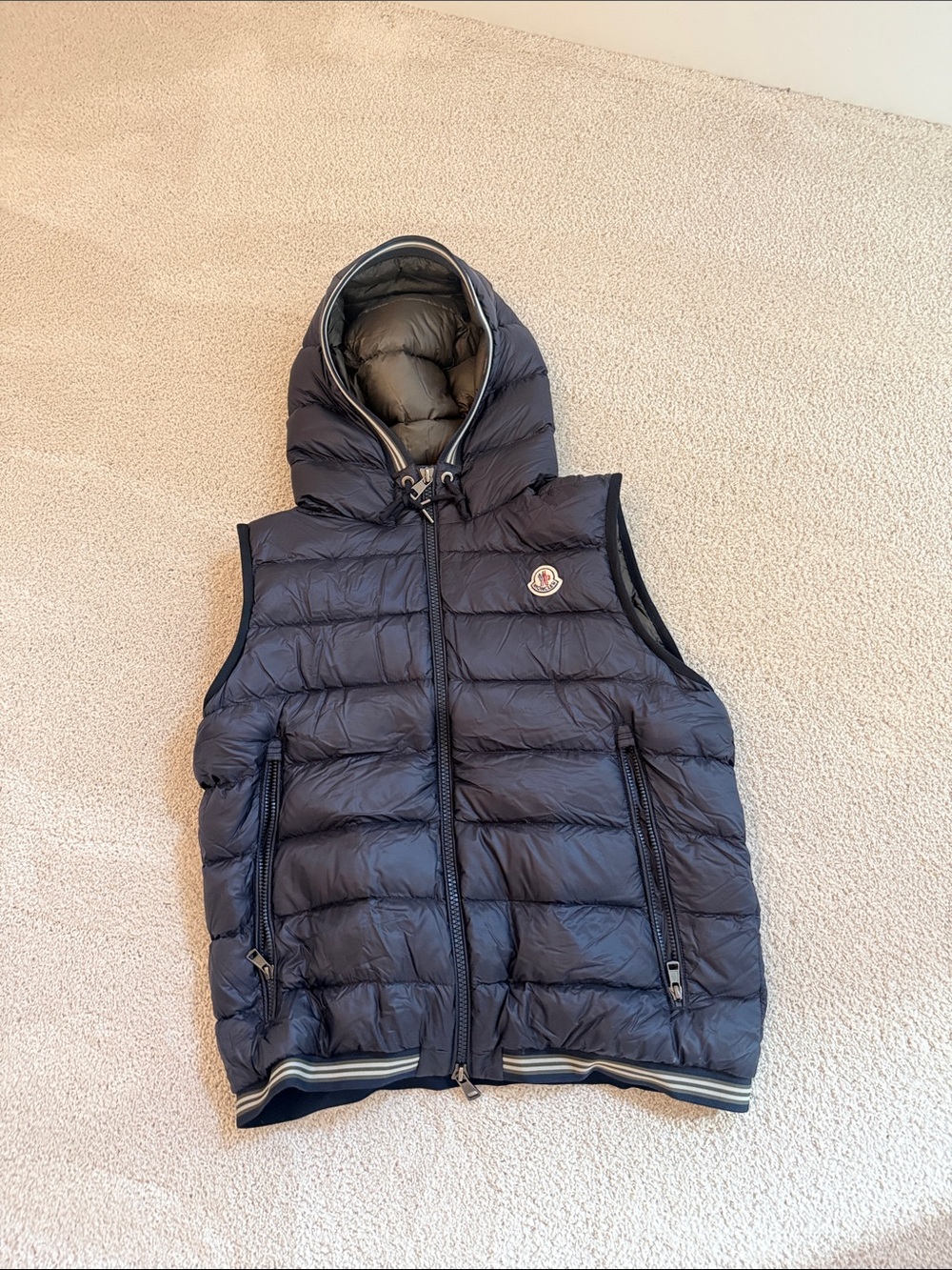 Moncler Quilted Navy Down Hooded Vest with Stripe Hem
